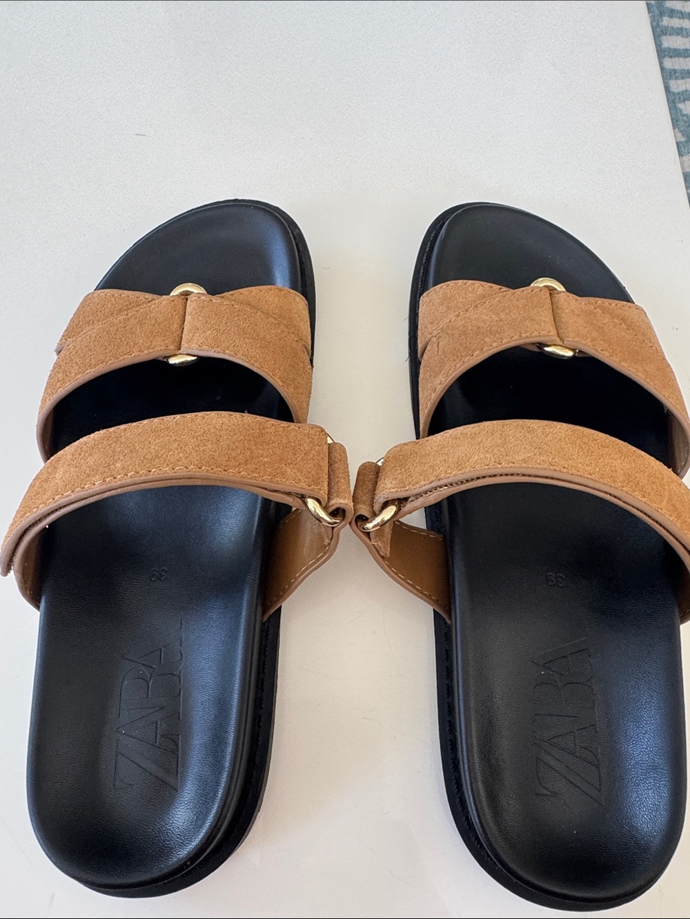 Zara Tan Suede Double-Strap Slide Sandals with Gold Accent-size 39 - Picture 2 of 9